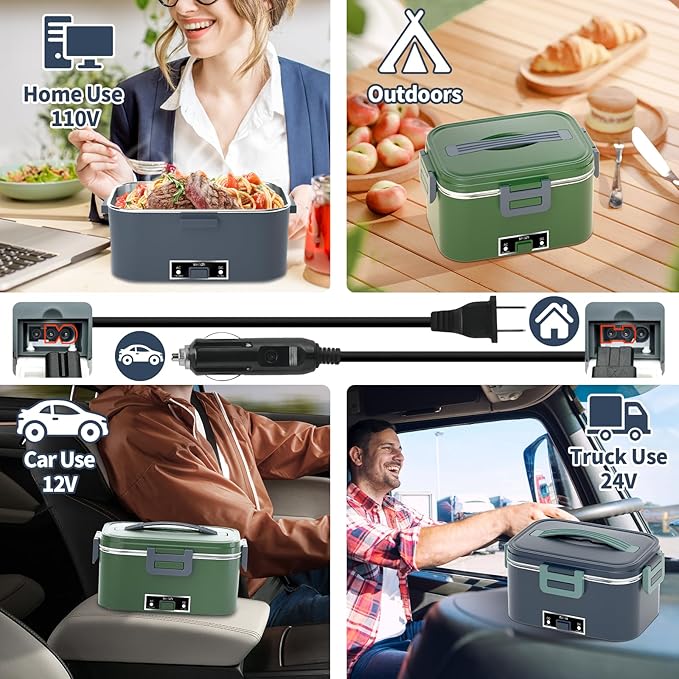 IFENROL Electric Heated Lunch Box for Adults, 100W 3-IN-1 2 Pack 1.8L Containers Heating Lunch Box for Men Portable Double Layer, Fast Heated Food Warmer,12V/24V/110V for Car Truck Office Home