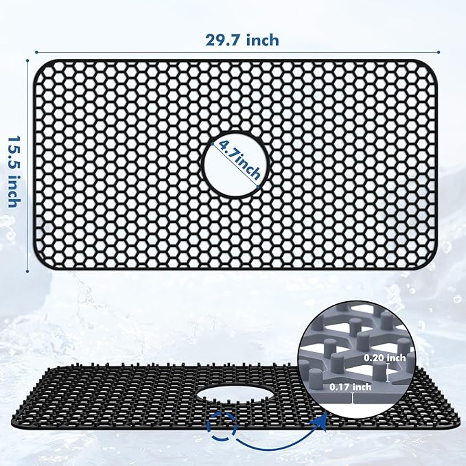 Bestjing Silicone Sink Protectors for Kitchen Sink with Center Drain - 29.7"x 15.5" Kitchen Protector Accessory, Non-Slip Heat Resistan Mat for Bottom of Farmhouse Stainless Steel Porcelain (Black)
