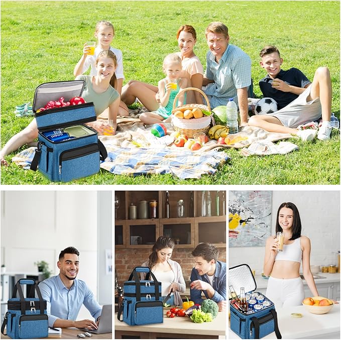 holuxer Insulated Lunch Bag & Lunch Box for Men - Double Deck Reusable Lunch Bag for Women Tote Cooler Bag Leakproof Soft Expandable - Large Lunchbox for Work/Adult/Picnic/Outdoor (Blue，15L)