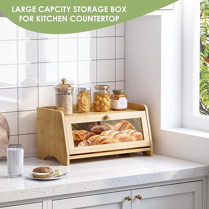 JANSNIMEN Bread Box for Kitchen Countertop, Large Bread Container Storage, Wooden Farmhouse Bread Box with Window Bread Holder (Natural Bamboo)