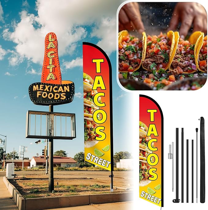 HunnmingRe Tacos Street Advertising Swooper Flag Banner 15ft Feather Flag with Pole and Ground Stake Advertising Feather Banner Sign for Restaurant Business Outside Ground