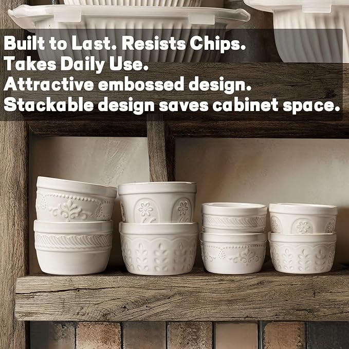 Artena Ramekins Oven Safe, Creme Brulee Ramekins, Embossed White Ceramic Ramiken, Souffle Pudding Custard Cups, Baking Dish, Dipping Bowls, Sauce Cups, Set Of 4 (Pinwheel Flower, 8 oz)