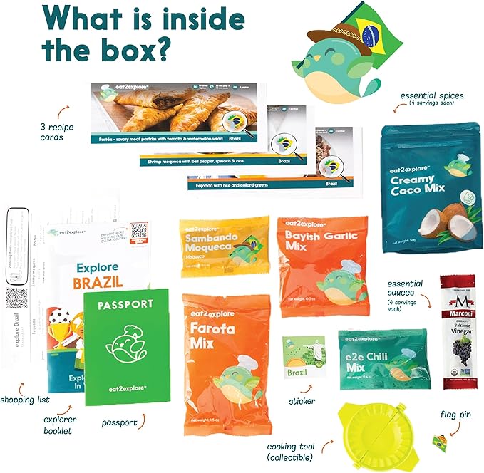 eat2explore Cooking Kits for Kids 15 Pcs – Interactive & Educational Kids Cooking Sets Real for Ages 5 and Up,3 Recipe Cards & Global Ingredients – Fun for Young Chefs (Brazil Edition)