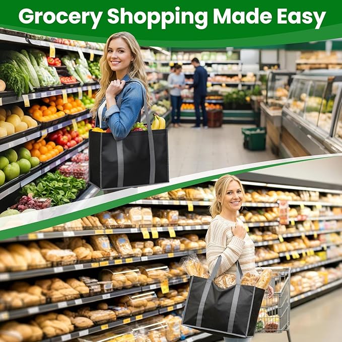 SpaceWhisper Reusable Grocery Bags with Long Handles [10 Pack] - Multipurpose Large Shopping Bags for Groceries, Foldable Grocery Totes Resist Water & Stains for Kitchen, Car Trunk, Picnic (Black)