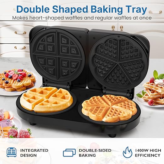 Double Belgian Waffle Maker with 2 Adjustable Temp Knobs, Electric Waffle Machine with Indicator Light, Nonstick Heart Waffle & Classic Waffle Iron, Breakfast Maker, Easy to Clean, Silver
