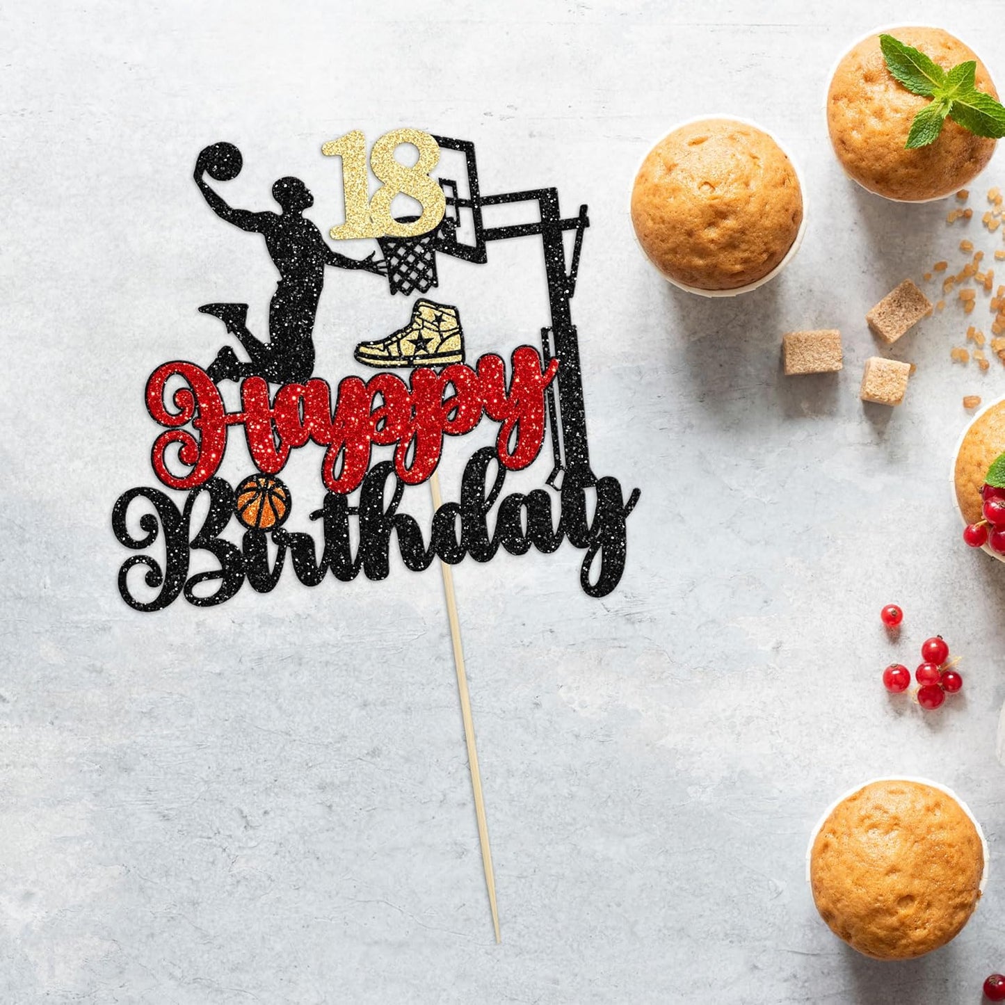 Ephlyn Basketball Happy 18th Birthday Cake Topper, 1Pc, Cake Pick for 18th Birthday Decoration, Sports Party Supplies, Black