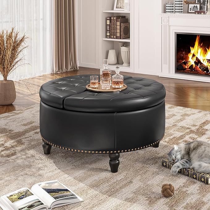 30 Inch Large Round Ottoman with Storage, Modern Leather Ottoman Coffee Table with Lift Top, Upholstered Button Tufted Footrest Stool Toy Blanket Storage for Living Room, Black