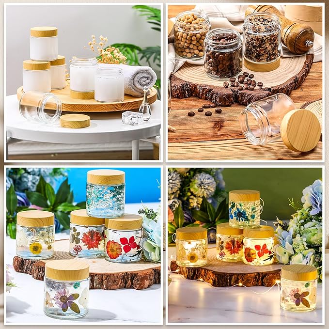 Norme 96 Pcs 4oz Glass Jars with Lids Empty Small Glass Containers and Inner Liners Reusable Cosmetic Jars Round Airtight Bottles with Plastic Wood Grain Lids for Travel Wedding Favors Gifts