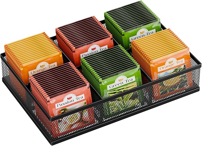 Tea Bag Organizer 6 Grids. Mesh Tea Bag Holder with Handle, Teabag Holder, Tea Station Organizer for Countertop, Pantry, Kitchen, Cabinet - Black