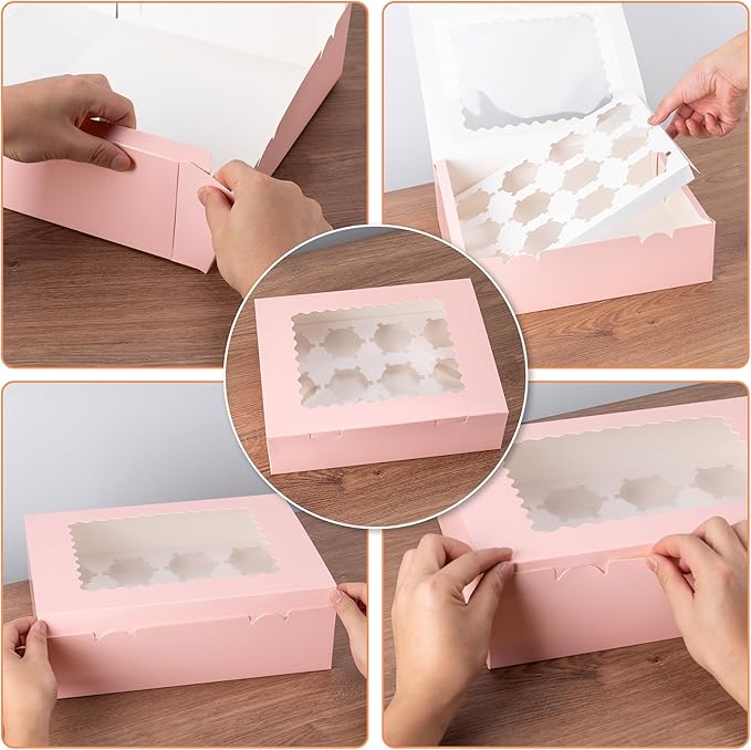 Hoewina 6PCS Cupcake Boxes - Hold 12 Count Cupcake Containers with Window, Food Grade Cupcake Holder Easy Transport and Presentation - Ideal for Cupcakes, Desserts, and More (Pink)