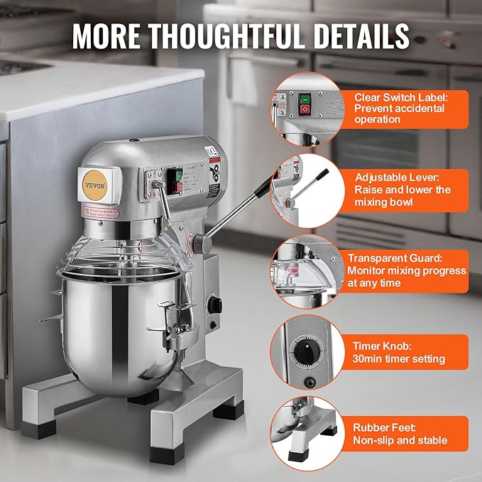 VEVOR Commercial Food Mixer 30Qt, Commercial Mixer with 3 Adjustable Speeds, 1100W Dough Mixer,Commercial Stand Mixer with Stainless Steel Bowl