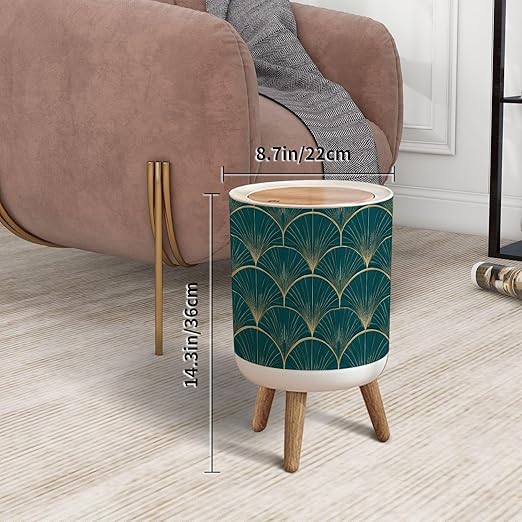 Trash Can with Lid Golden Elements Blue Seamless Art Deco Style Press Top Round Small Garbage Bin with Wooden Legs Waste Basket for Kitchen Bedroom Nursery 7L/1.8 Gallon