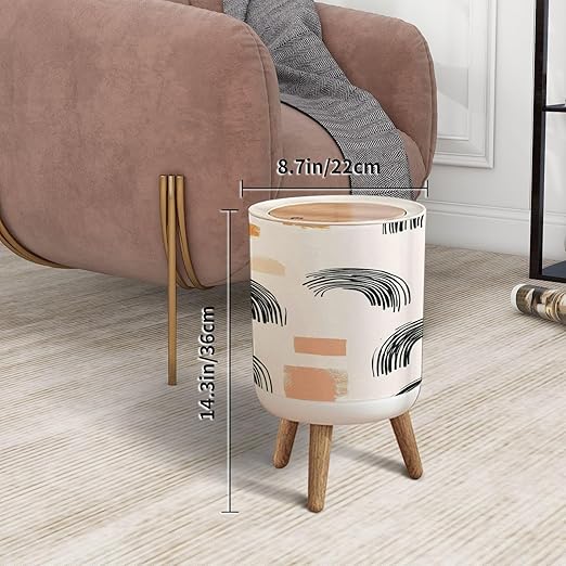 Trash Can with Lid Aesthetic Contemporary seamless pattern abstract Minimal elegant line Press Top Round Small Garbage Bin with Wooden Legs Waste Basket for Kitchen Bedroom Nursery 7L/1.8 Gallon