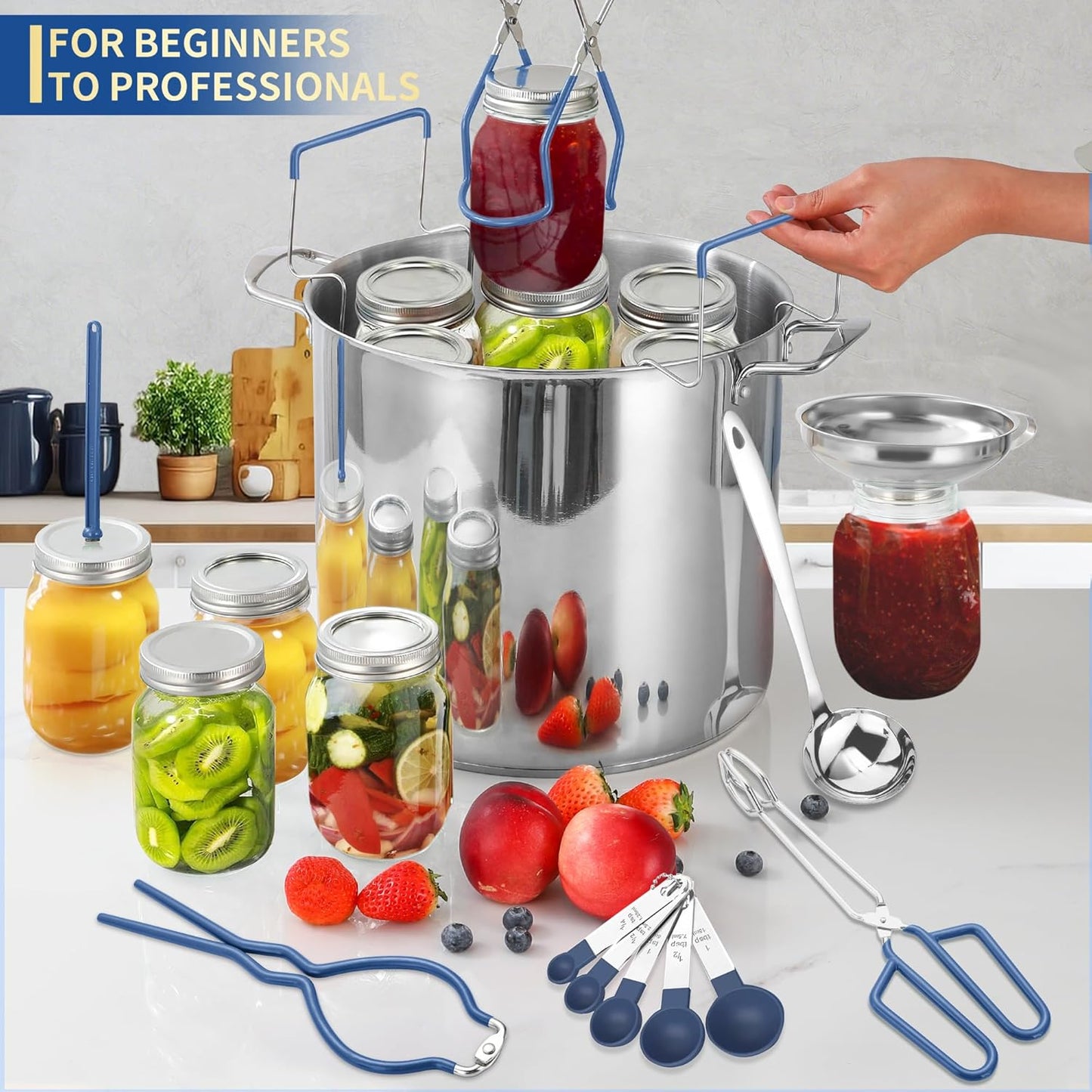 Canning Supplies Starter Kit,Canning Kit for Beginners of 12 with Rack，Silicone Oven Gloves，Jar Lifter，Funnel,Wrench,Tongs,Lid Lifter,Bubble Popper,Labels,ladle,Measuring spoon-G12-Blue