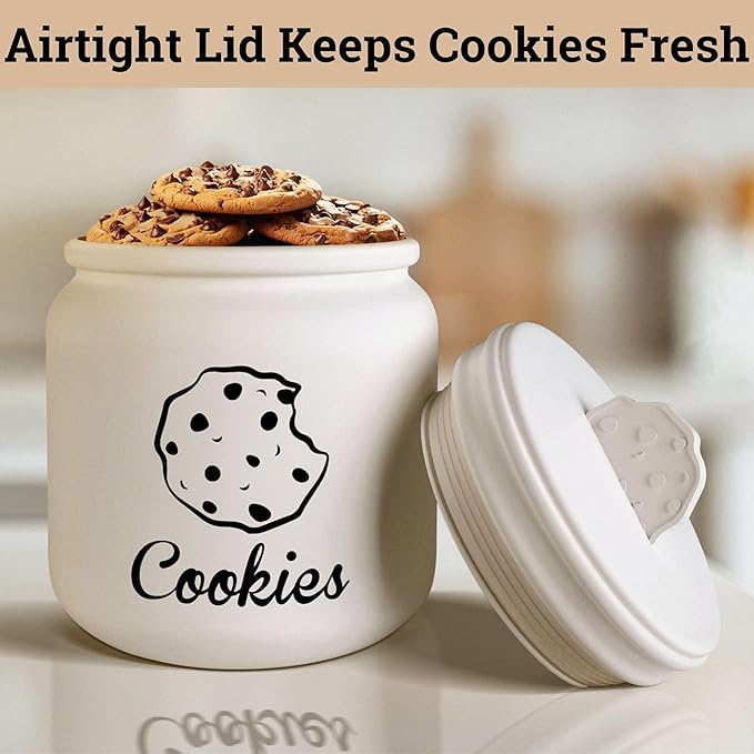 HB Design Co. Cookie Jar with Airtight Lid - 6" D x 8" H Matte White Ceramic Cookie Jar with Rubber Lined Lid - Large Cookie Jars with Lids Airtight - Farmhouse Cookies Jar for Kitchen Counter