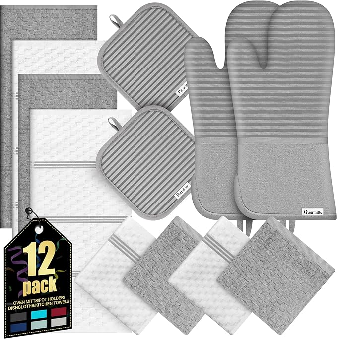 Oven Mitts Kitchen Towels and Dishcloths with Pot Holders Sets, Oven Gloves Hot Pads 500°F Heat Resistant with Silicone Grip, Include 2 Cooking Gloves/2 Potholders/4 Kitchen Towels/4 Dish Towels-Gray
