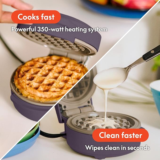 bella Snack-n-Store Mini Waffle Maker, EverGood™ Ceramic Nonstick Coating, Cord Wrap, Ready Indicator Light & Cool Touch Handles, Stackable Design & Customizable Plates, 350 Watt, Plum