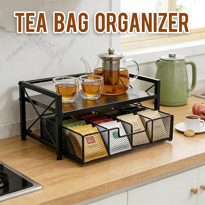 Tea Bag Organizer With Adjustable Drawer, Teabag Bar Holder Organizer For Counter, Wood ＆ Metal Station Storage Chest Display, Coffee Packet Containers Box For Countertop Kitchen Office Black