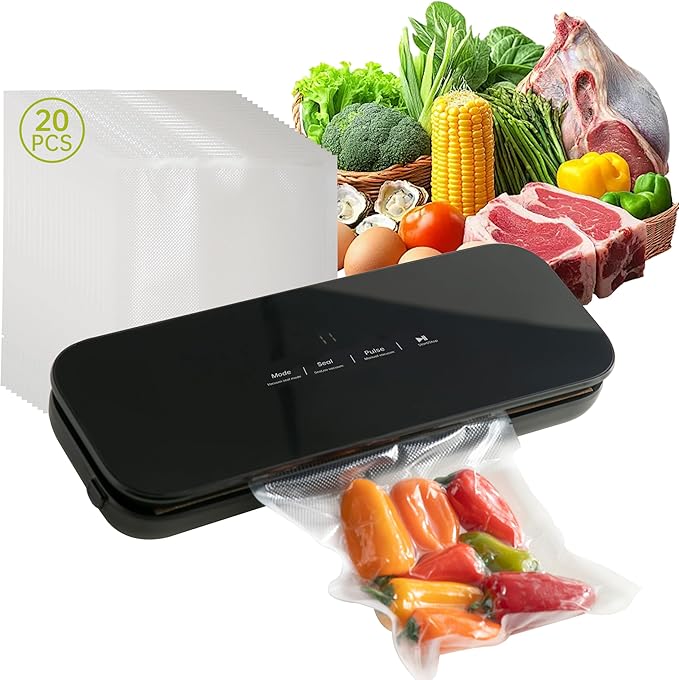 THETCHRY Vacuum Sealer For Food,6-In-1 Food Sealer Machine with 20 Large Vacuum Bags,Built-In Water Tank&Cutter,Powerful Low- Noise Food Saver with Glass Touch Screen,Black