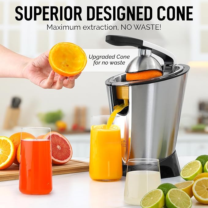 Zulay Electric Citrus Juicer - Makes Fresh Orange, Lemon, Grapefruit, Lime Juice - Stainless Steel, 160W Powerful & Quiet, Interchangeable Cones -Filters Out Seeds & Pulp- Dishwasher Safe Parts- Black