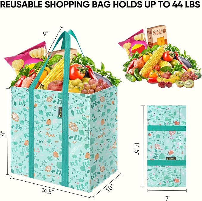 BALEINE 4 PK Grocery Bags Reusable Shopping Bags with Reinforced Bottom, Heavy Duty Foldable Tote Bags (Spring Stroll)