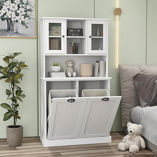 RASOO Tilt-Out Laundry Cabinet White Tall Bathroom Storage Cabinet Laundry Hamper with 2 Baskets and 3 Cabinets Upper Glass Doors Storage Cabinet