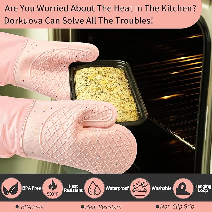 Pink Oven Mits, Heat Resistant, Non-Slip Grip Pattern, Baking Gloves for Oven, Kitchen Pot Holders,1 Pair