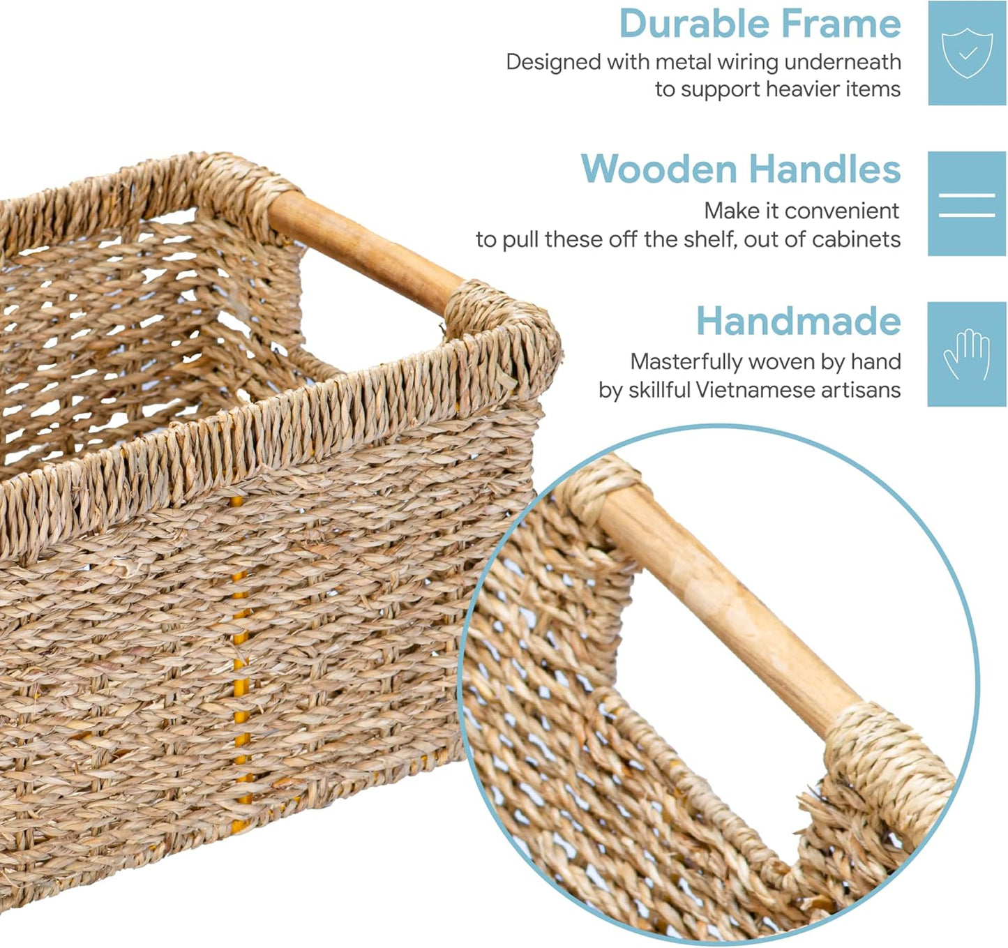 Small Wicker Baskets for Organizing Bathroom, Seagrass Baskets for Storage, Wicker Storage Basket with Wooden Handle, Decorative Small Organizing Basket 10.3 x 7.7 x 6.3 inches - 3 Pack