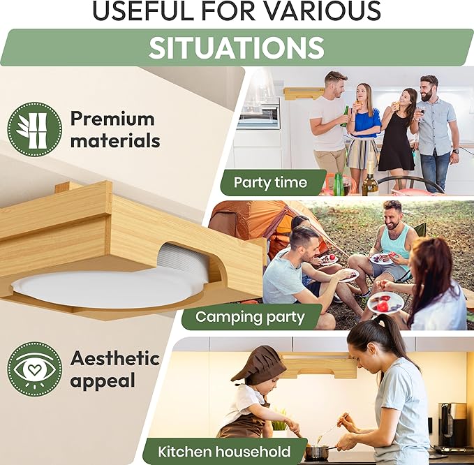 10 inch Paper Plate Dispenser Holder Bamboo Under Cabinet Vertical Rack for Kitchen Countertop Organizer Space Saver Shelf Lid Holder Counter Storage Can Dispenser Pantry Aid Caddy Estante wood