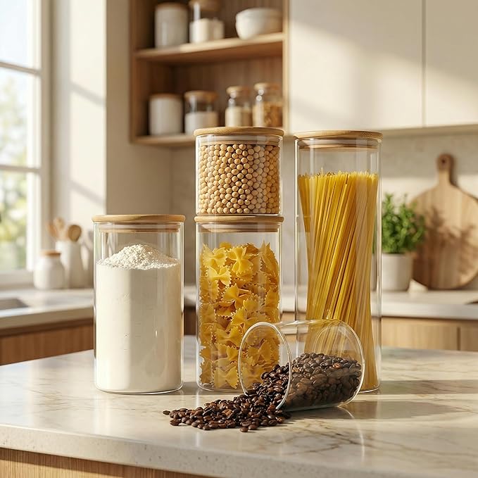 HomArtist Glass Jars with Bamboo Lids [Muti Size Set of 5], Glass Canisters with Airtight Lids, Glass Food Storage Containers for Pasta, Oats, Coffee, Flour, Sugar, Rice, Best for Kitchen & Pantry
