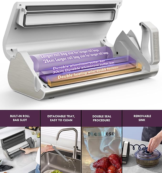 Mesliese Vacuum Sealer Machine, 95kPa 140W Double Seal Powerful Food Sealer, One Hand Operation Food Storage with Build-in Cutter & Roll Storage, ETL Tested (White)
