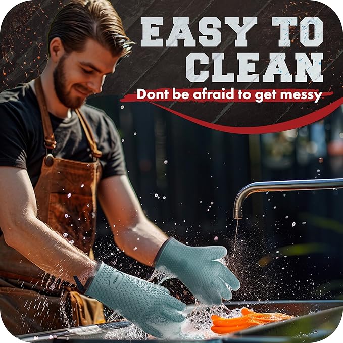KITCHEN PERFECTION XL Silicone Smoker Oven Gloves-Extreme Heat Resistant BBQ Gloves-Handle Hot Food Right on Your Grill Fryer&Pit|Waterproof Grilling Cooking Baking Mitts|Superior Value Set+3 Bonuses