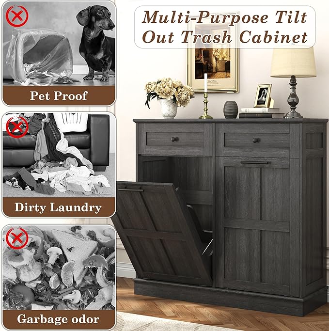 chartustriable Double Trash Can Cabinet, 26 Gallons Farmhouse Hidden Wood Garbage Can Bin Cabinet with Drawers, Tilt Out Laundry Hamper with Laundry Storage Basket for Bathroom, Kitchen, Dark Grey