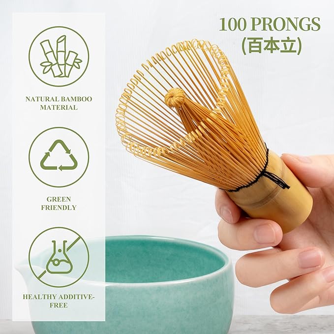 YIBO Matcha Whisk Set, Matcha Kit Bamboo Whisk and Ceramic Bowl with Spout & Measuring Spoon & Cup, Japanese Ceremony Matcha Tea Making Tools Blue