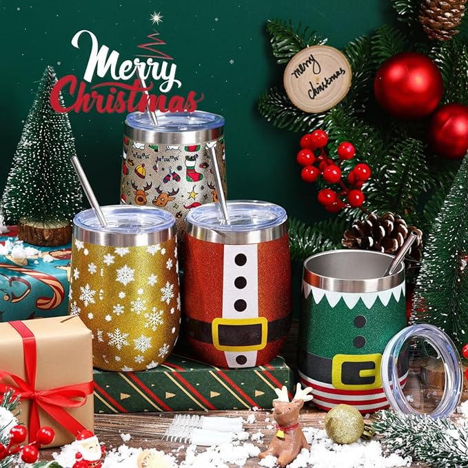 Sliner 4 Pack Pack Christmas Glitter Tumbler Bulk, 12 oz Holiday Wine Tumbler Set Stainless Steel Insulated Sparkling Glitter Cup with Lids Straws and Brushes Travel Mug Xmas Gift (Classic Style)