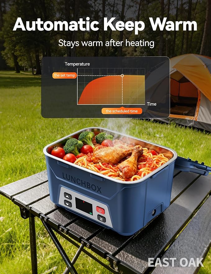 EAST OAK Heated Lunch Box for Men, Electric Lunch Box for Adults, 5.5 Cups Cordless Portable Food Warmer, Rechargeable Self Heating Food Heater with Memory Function, Automatic Keep Warm(Classic Blue)