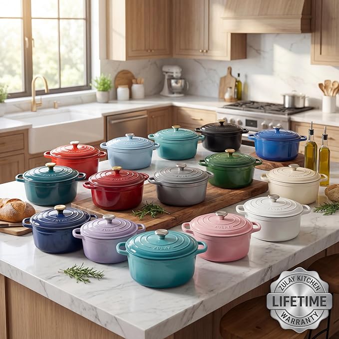 Zulay Kitchen 7.7 Quart Enameled Cast Iron Dutch Oven Pot with Lid – Premium Durability & Oven Safe up to 500°F – Heavy Duty Cookware Perfect for Bread Baking, Stews, Braising & Roasting – Pink