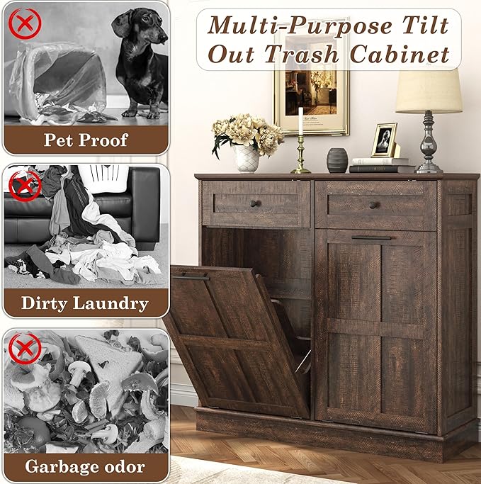 chartustriable 26 Gallon Double Tilt Out Trash Cabinet, Pet Proof Barn Door Garbage Can with 2 Drawers, Farmhouse Wood Laundry Hamper & Storage Basket, Kitchen, Rustic Brown