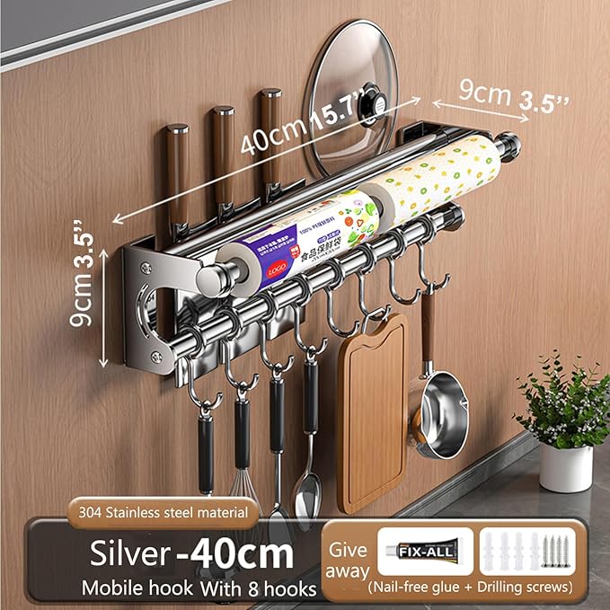 Hanging Wall Mount knife Wall Mount, Space-Saving Knife Rack with Hooks, Kitchen Organizer Storage Shelf for Utensils Spatula Spoon, Kitchen Utensil Hanger (Black, 40CM+8Hooks)