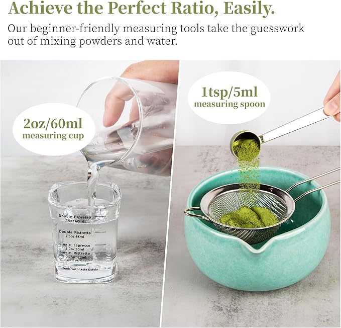 YIBO Matcha Whisk Set, Matcha Kit Bamboo Whisk and Ceramic Bowl with Spout & Measuring Spoon & Cup, Japanese Ceremony Matcha Tea Making Tools Blue
