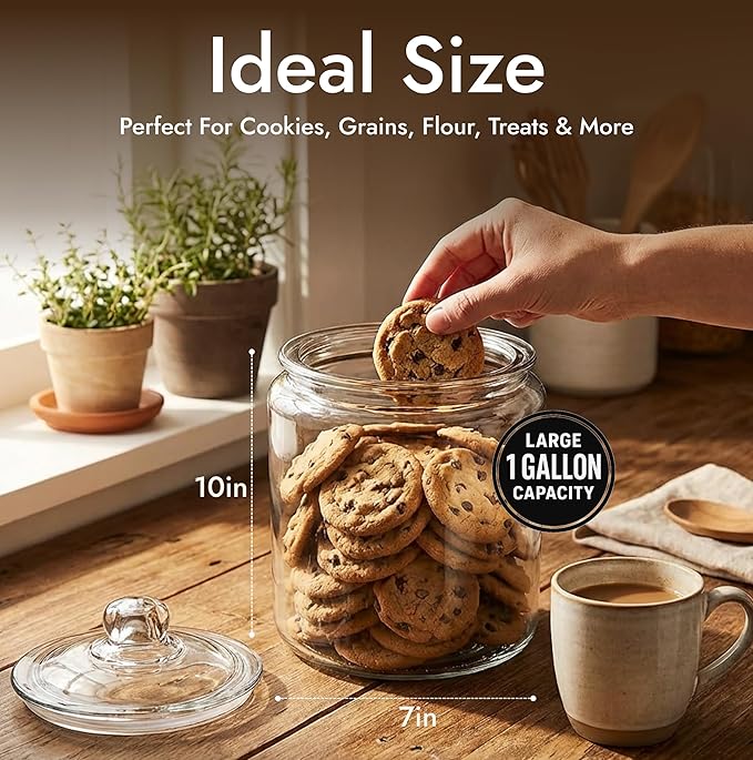 1 Gallon Glass Cookie Jar with Lid – Glass Jar with Lid - Airtight Food Storage Container for Cookies, Candy, Flour, Dog Treats – Clear Large Kitchen Jar for Pantry - Glass Containers with Lids