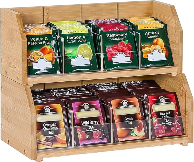 TIOPGHAD 2-Layer Stackable Bamboo Tea Bag Organizer Storage Holder & Rack - Wooden Tea Box Containers - Stand for Countertop or Cabinet