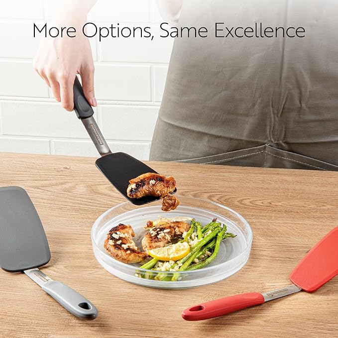 Restaurantware Comfy Grip 11.9 x 3 Inch Silicone Turner 1 Durable Cooking Turner - Stainless Steel Body Rubber Handle With Hole Red Silicone Flipper Spatula Tolerates Up To 446F Dishwashable