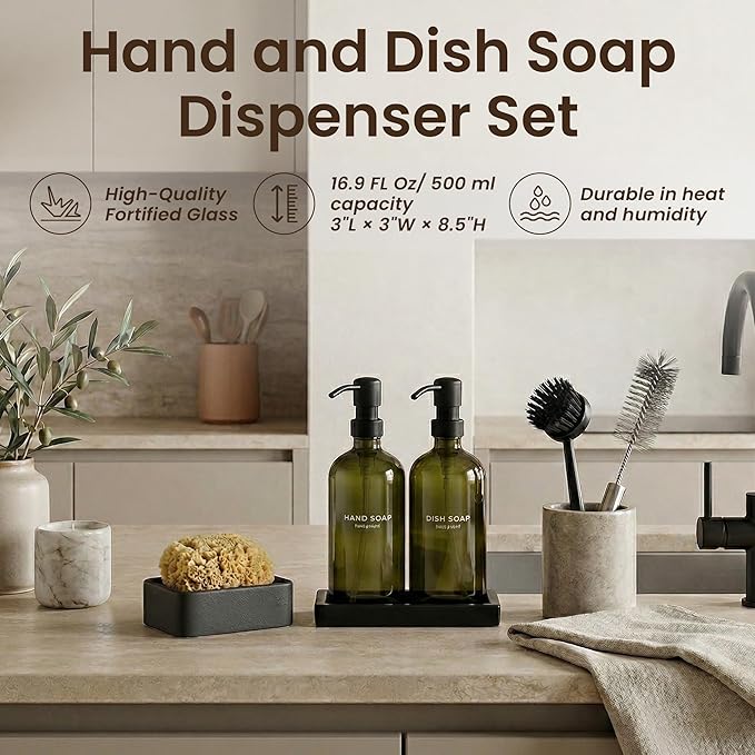Maisonovo Kitchen Soap Dispenser Set - Hand and Dish Soap Dispenser Set with Green Glass Soap Dispenser, Black Pumps & Ceramic Tray