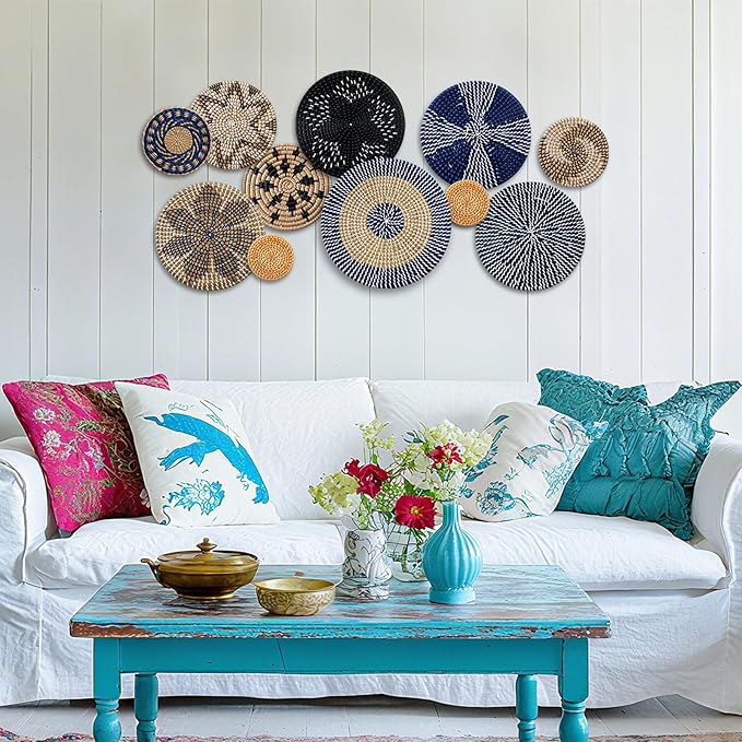 Tatuo 11 Pcs Boho Wall Basket Decor Bulrush Woven Wall Hanging Art Round Farmhouse Rustic Handmade Wicker for Summer Home, Bedroom, Living Room, Kitchen Decorations, Multi Sizes(Blue)