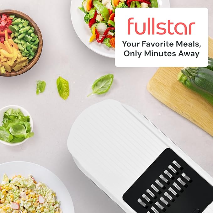 Fullstar Mandoline Slicer for Kitchen - Vegetable Chopper, Onion Potato Food Veggie Fruit Slicer and Cutter with Container, Kitchen Gadgets & Accessories, Home Essentials (6-in-1, Full White)
