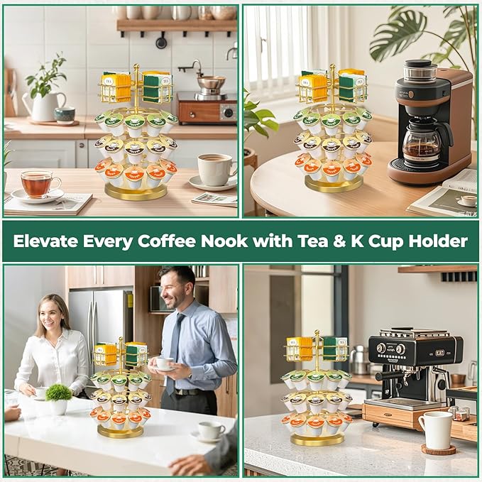 EsLuker.ly K Cup Holder Coffee Pod Organizer Carousel for Countertop, Rotatable Metal 4-Tier Storage Rack Stand for 30 K Cups & Tea Bags, Convenience Meets Elegance, Gold