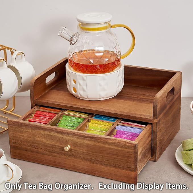 SARUFO Acacia Wood Tea Bag Organizer with Drawer - Tea Station Chest and Storage Box, Coffee and Teabag Holder with 8 Compartments, Containers and Boxes for Countertop Display