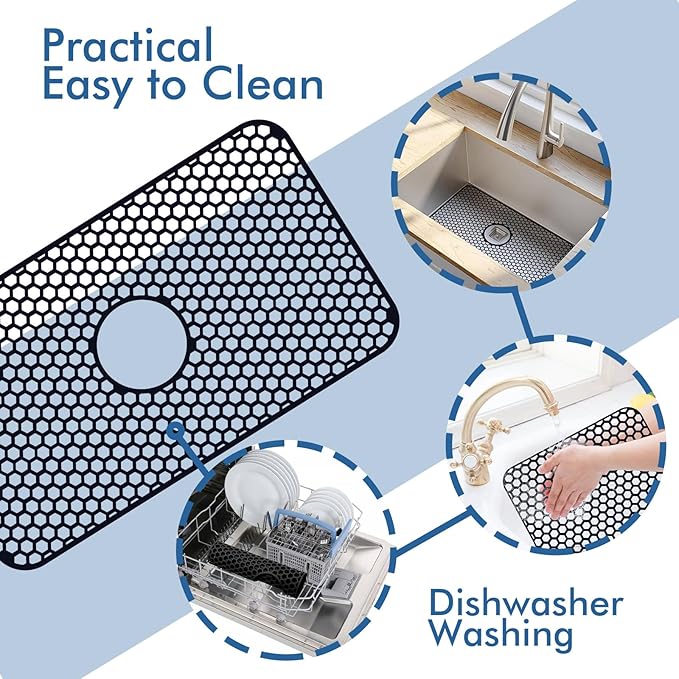 Bestjing Silicone Sink Protectors for Kitchen Sink with Center Drain, 26"x 14" Kitchen Grid Accessory, Non-Slip Heat-Resistant Mat for Bottom of Farmhouse Porcelain Stainless Steel (Center Hole,Black)