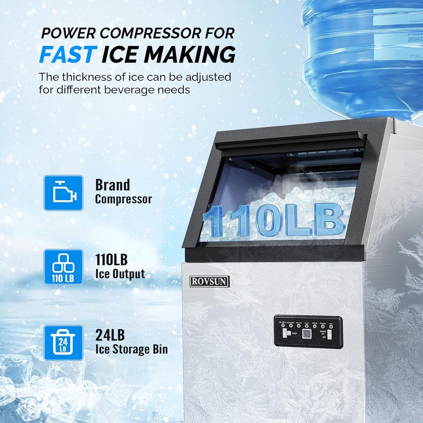 ROVSUN Stainless Steel Commercial Ice Maker Machine, Make 110lbs/24h, 24lbs Storage,Under Counter/Freestanding Automatic Ice Machine for Home Restaurant Bar Cafe